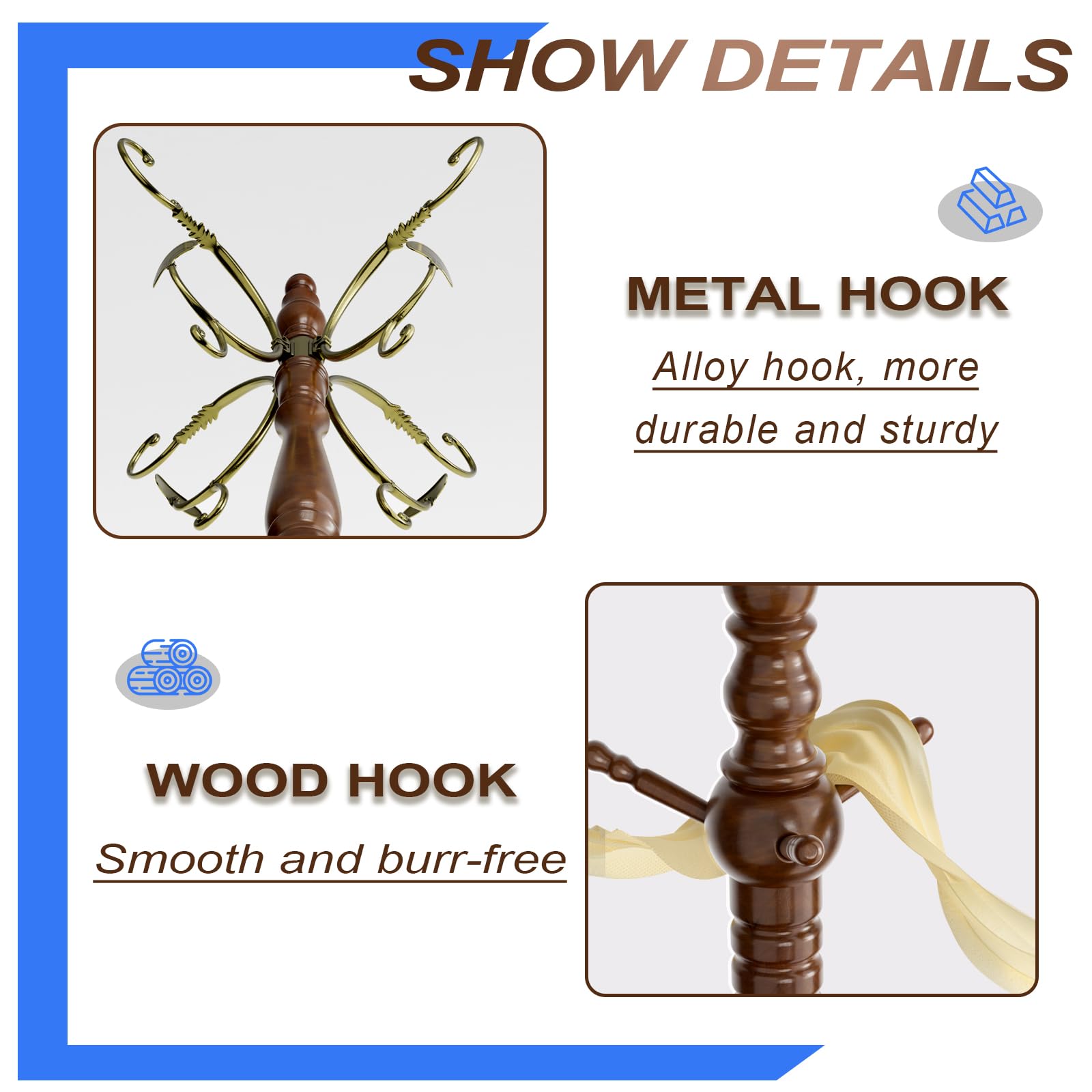 Freestanding Coat Rack with 12 Metal Hooks