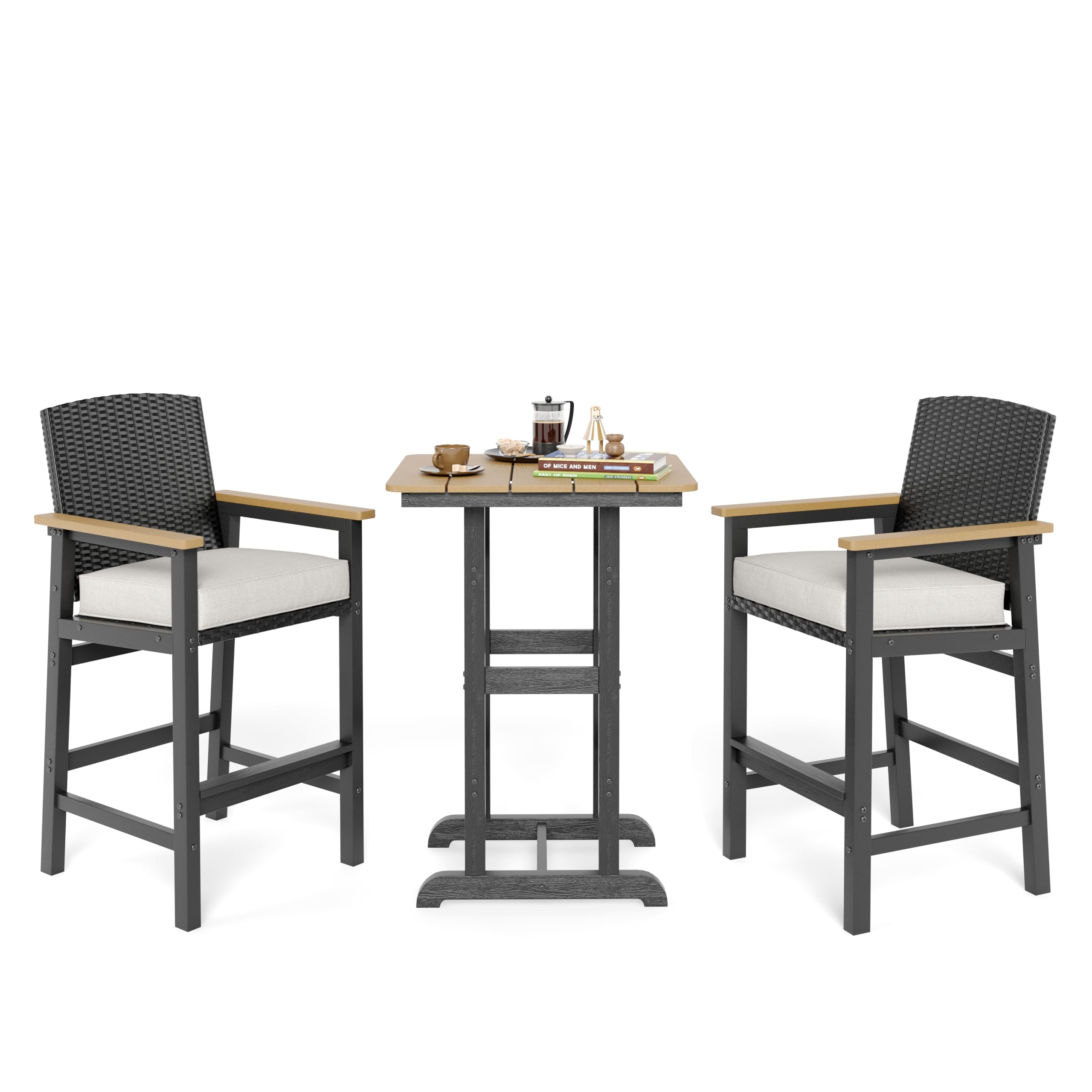 3-Piece Outdoor Bar Set with Wicker Backrest and Cushions