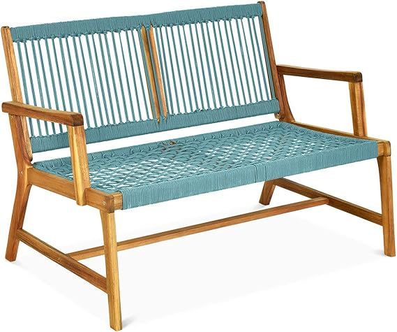 2 Person Acacia Wood Patio Bench Loveseat with Rope Design