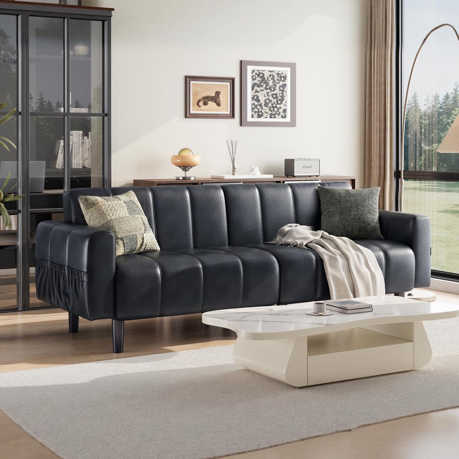 83" Faux Leather Futon Couch - Mid Century Modern Convertible Sofa