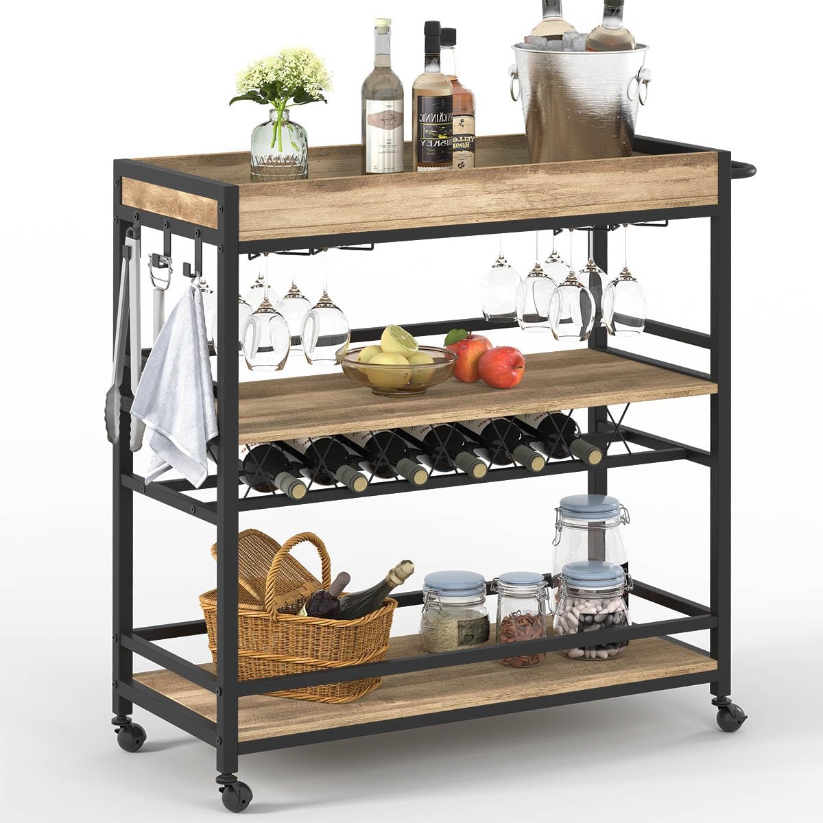 3-Tier Rolling Bar Cart with Storage