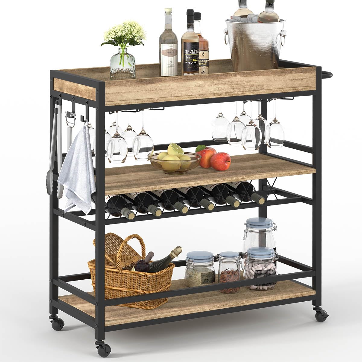 3-Tier Rolling Bar Cart with Storage