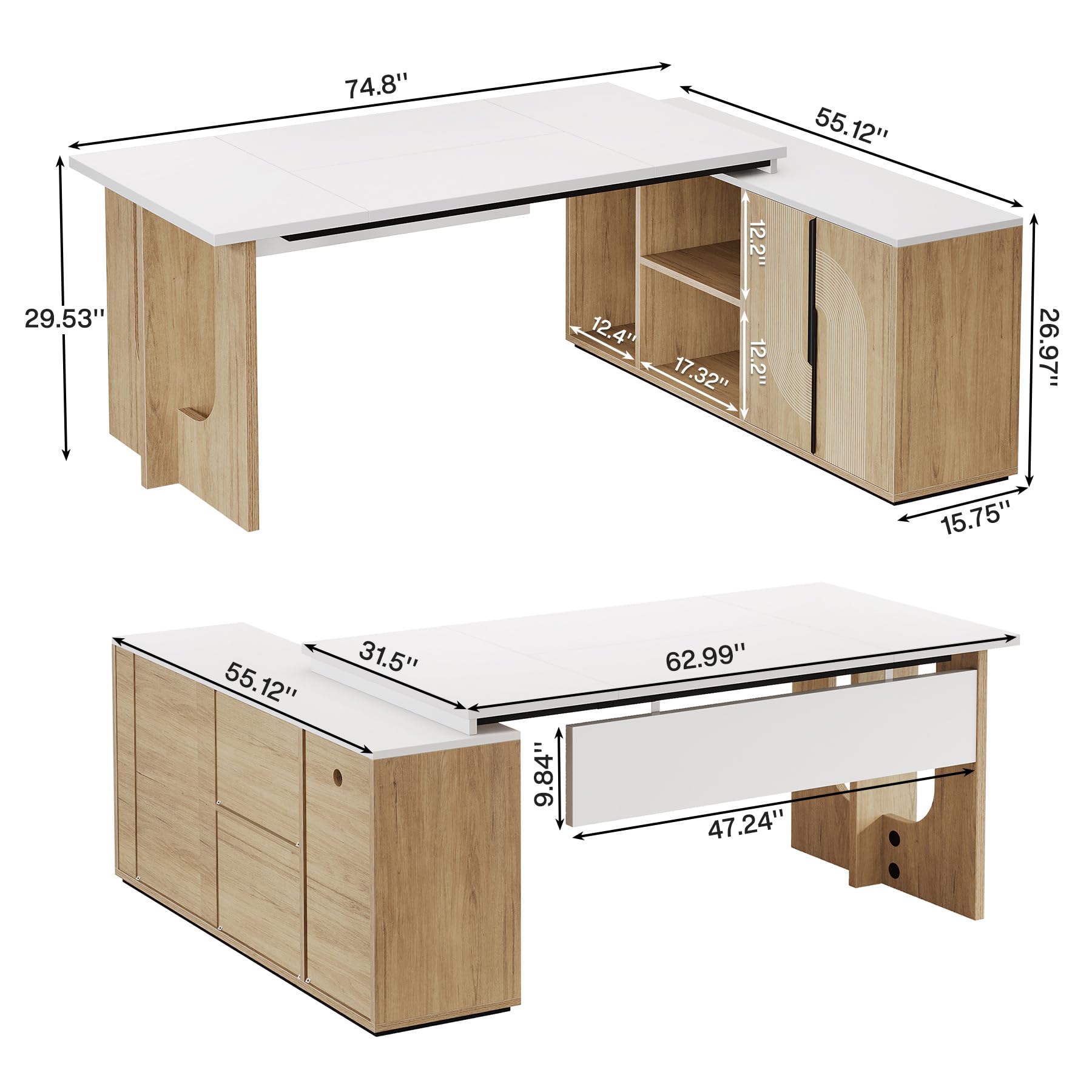 74.8 Inch Executive Desk with Cabinet and Storage