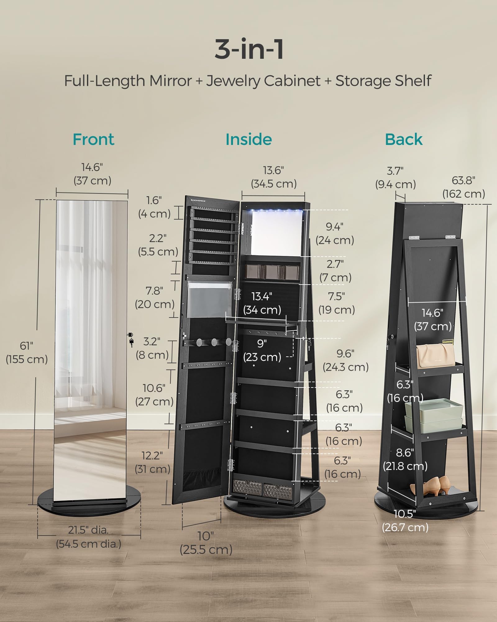 6 LED Lockable Mirror Jewelry Cabinet with 360° Swivel