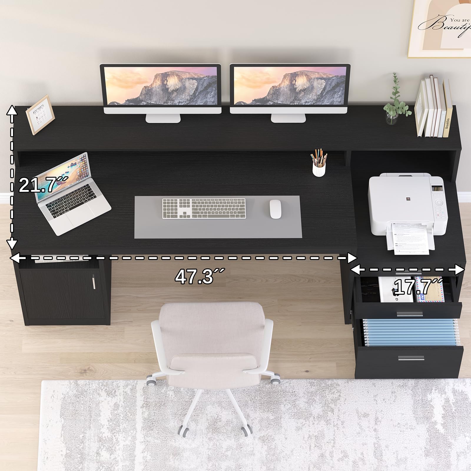 Computer Desk with 3 Drawer Storage Shelves and File Cabinet
