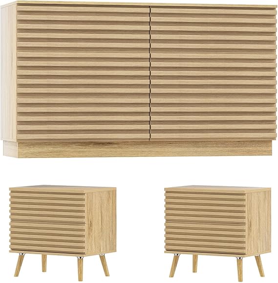 Fluted Dresser 6 Drawer Wide Chest Natural Wood TV Stand
