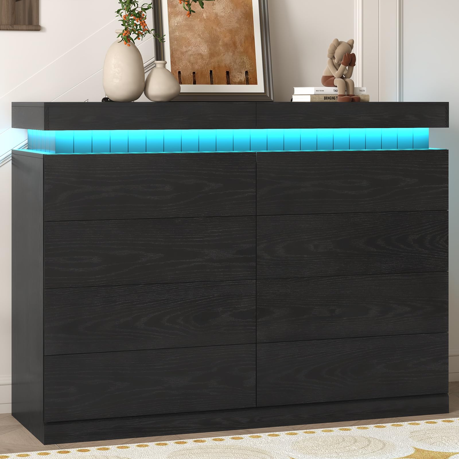 Tall Black 8-Drawer Dresser with LED Light and Power Outlet
