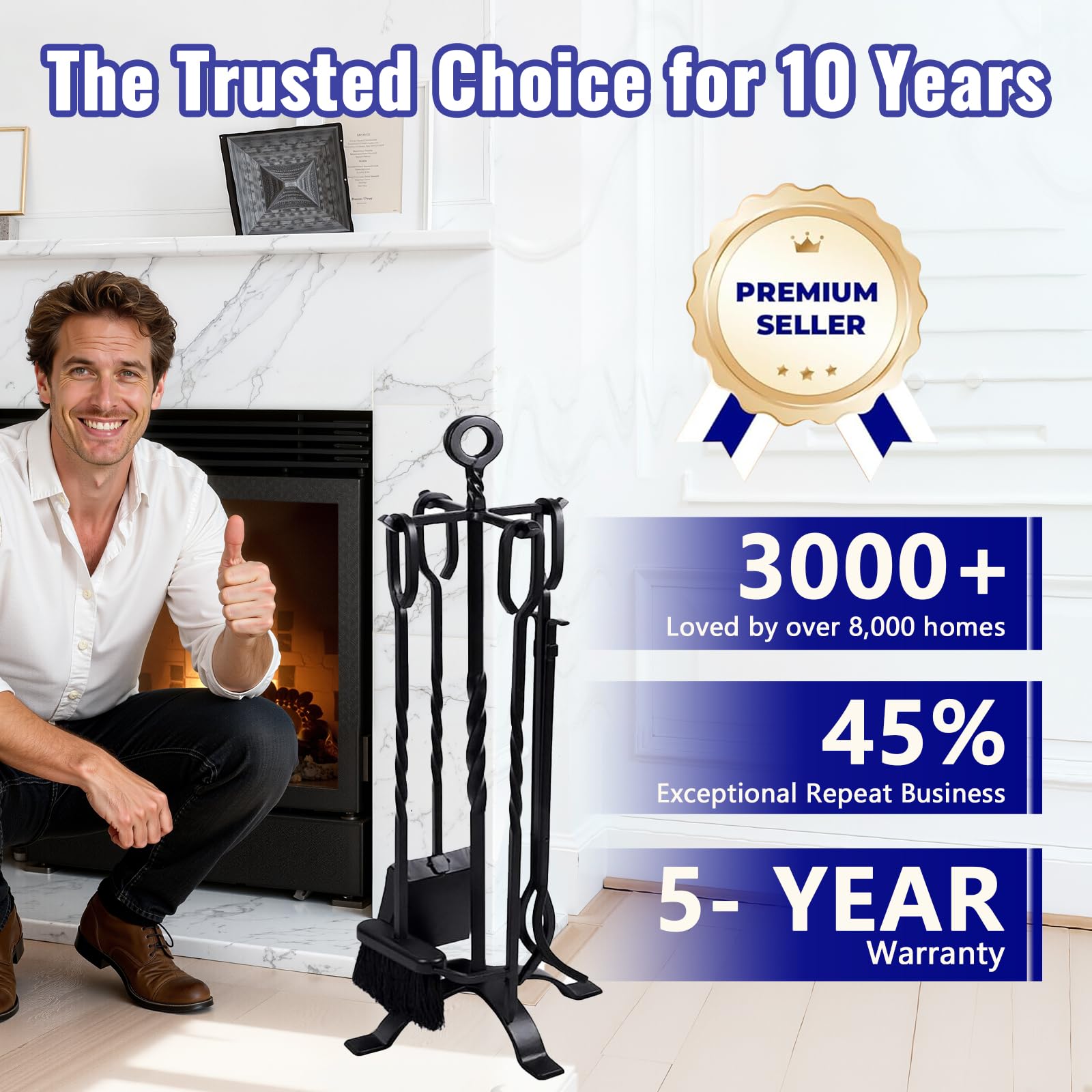 5-Piece Fireplace Tool Set with Handles - Wrought Iron