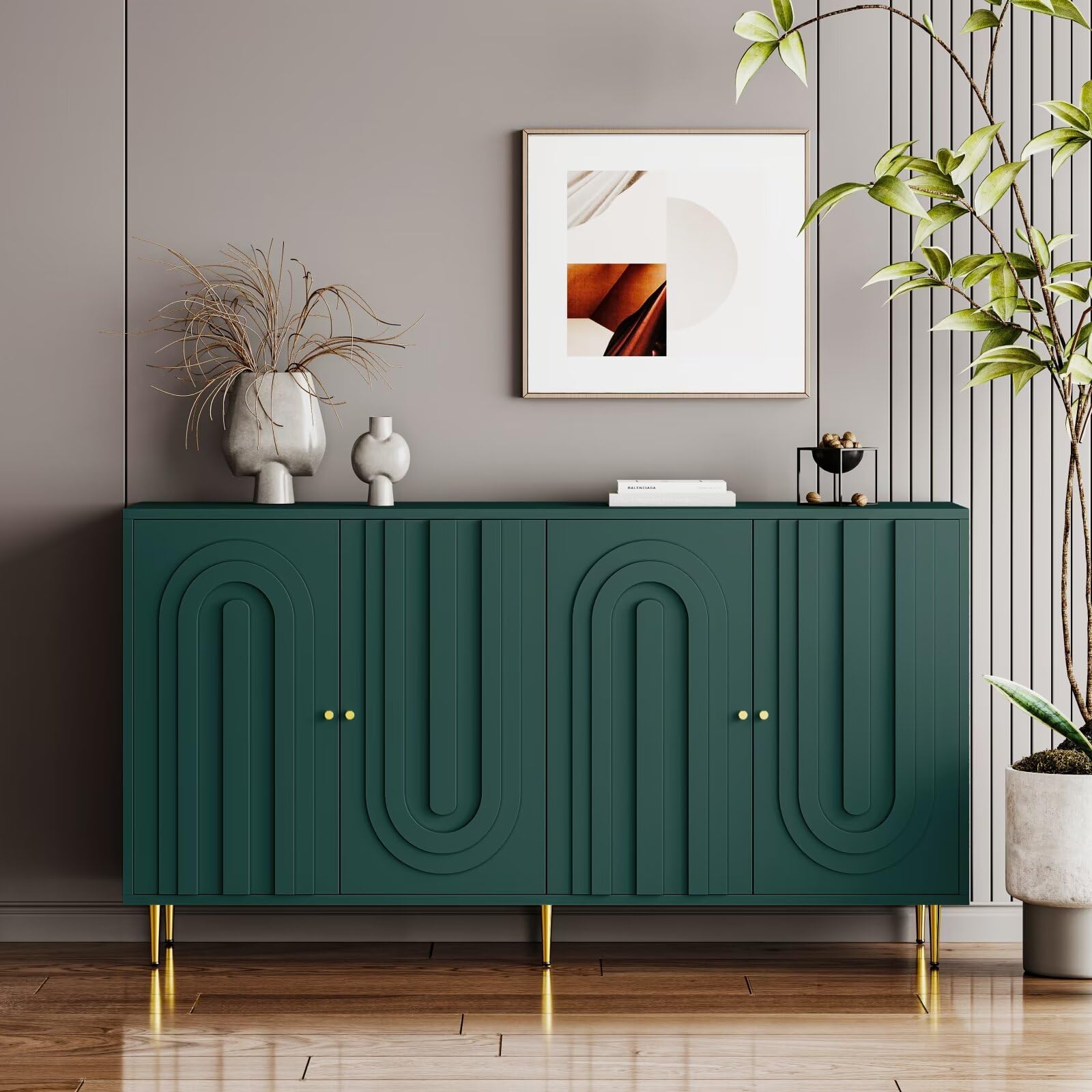 Modern Green Lacquered 4-Door Wooden Sideboard Cabinet