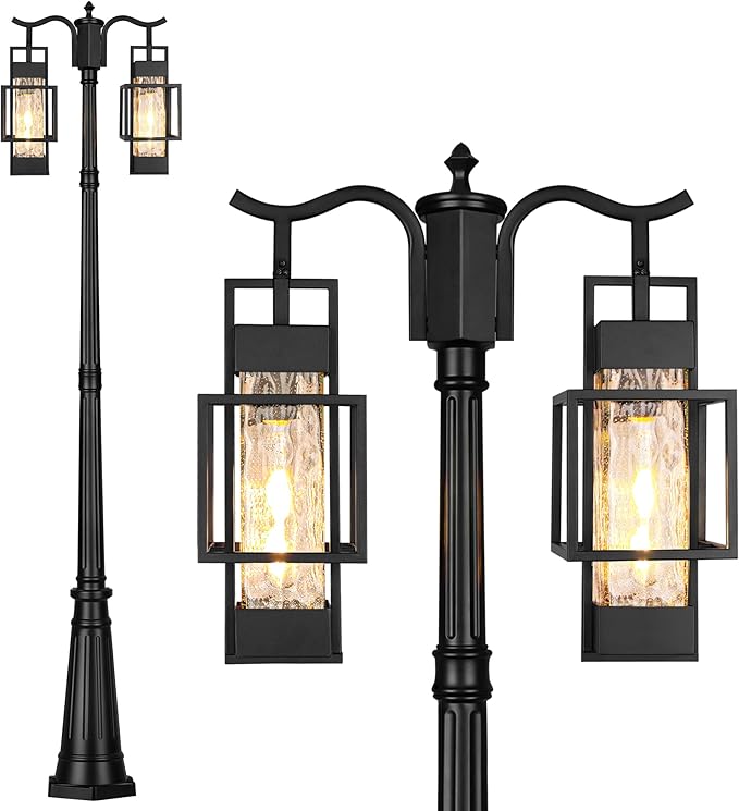 Modern Outdoor Lamp Post Light 2-Head with Water Glass Shade