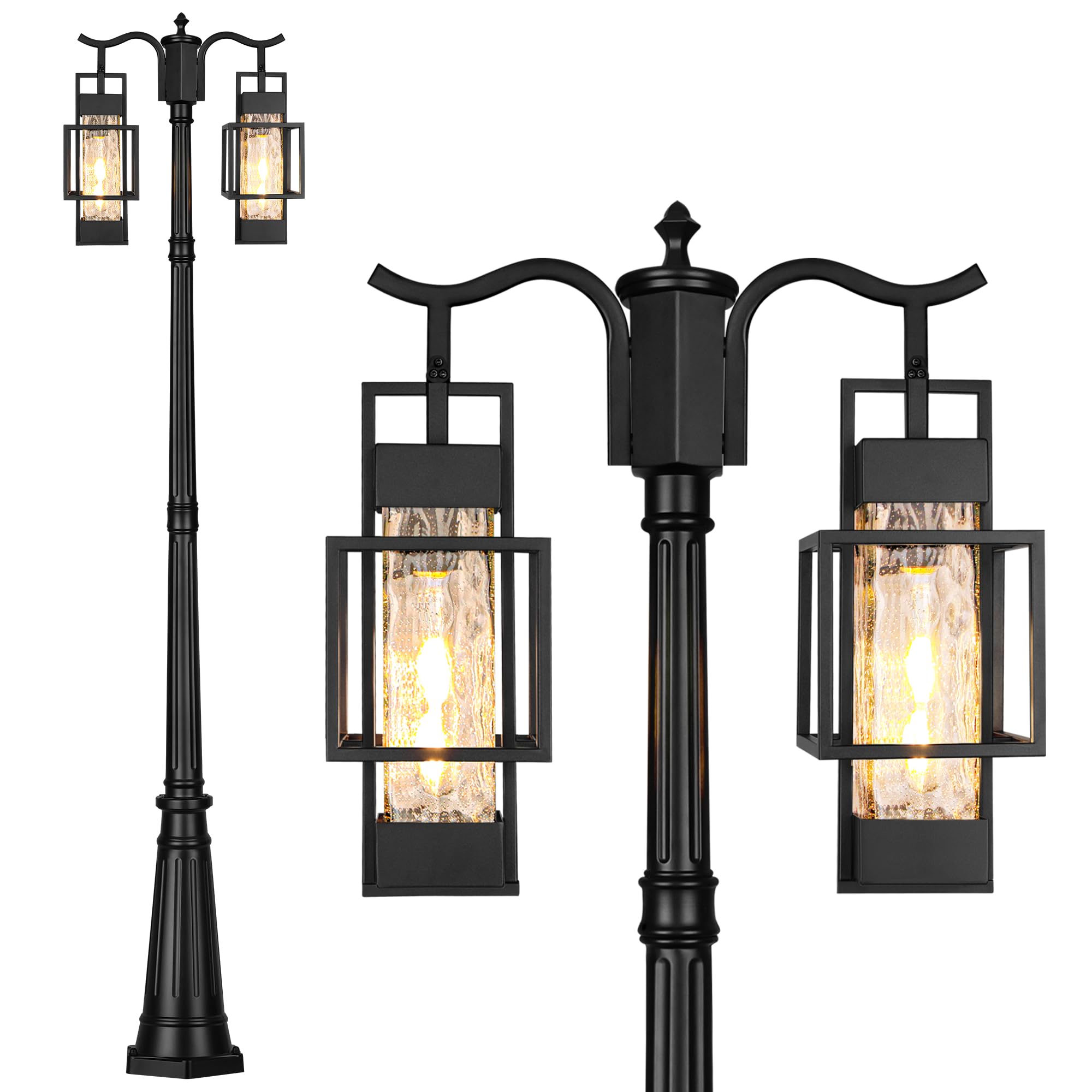 Modern Outdoor Lamp Post Light 2-Head with Water Glass Shade