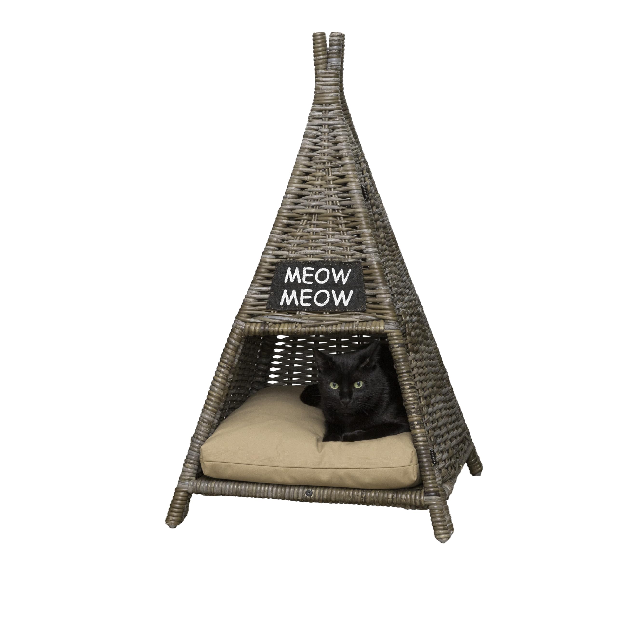 Tiki Tent Coastal Handwoven Rattan Cat Bed with Washable Cushion