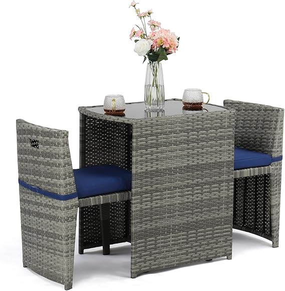 3 Piece Wicker Outdoor Patio Bistro Set with Glass Top Table