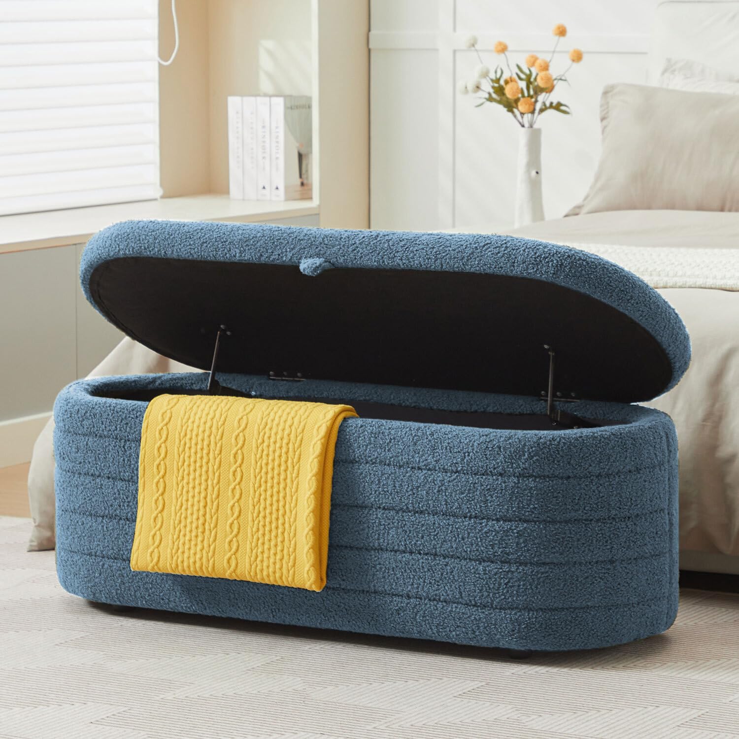 Upholstered Storage Ottoman Bench 45 Inch Blue Boucle