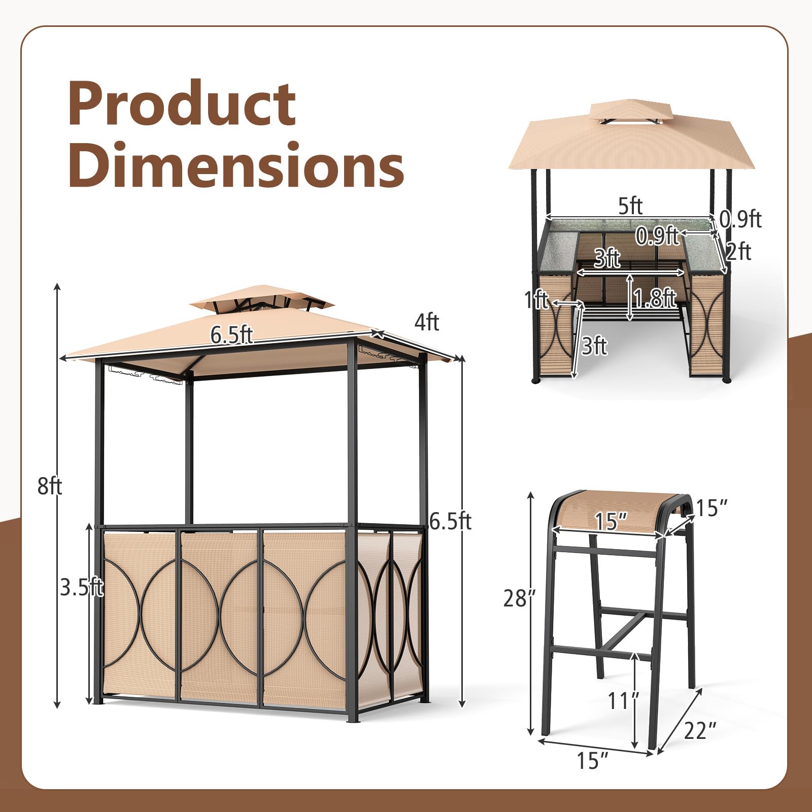 3-Piece Patio Bar Set with Grill Gazebo