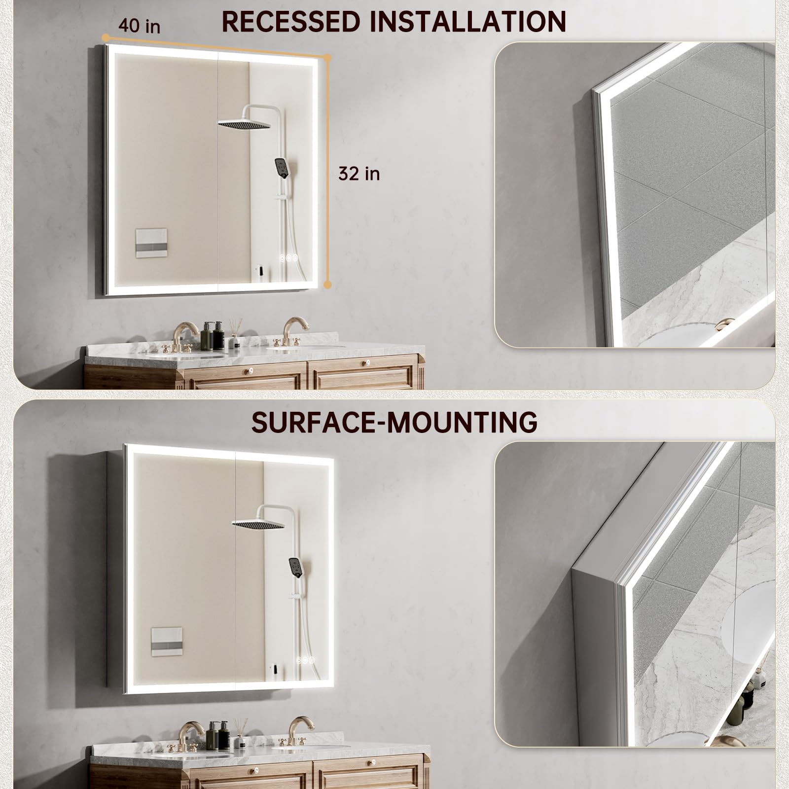 40x32 LED Medicine Cabinet Mirror with Outlet and USB