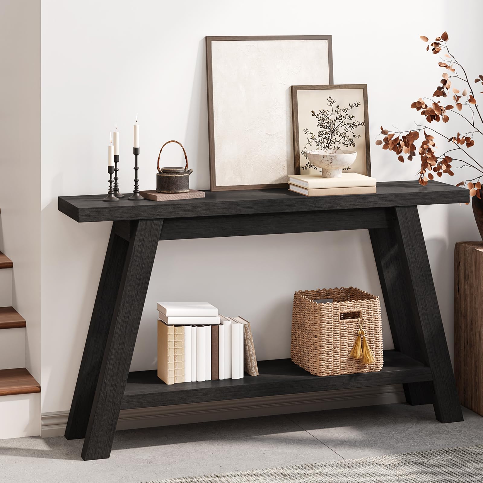 55-Inch Black Console Table 2-Tier Entryway Hallway Sofa Table