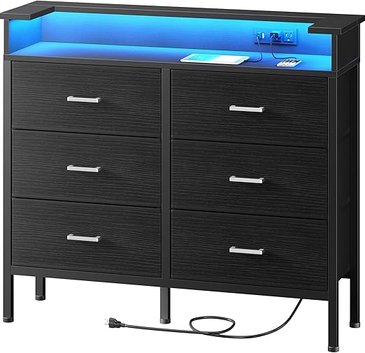 White Dresser with LED Light and Charging Station