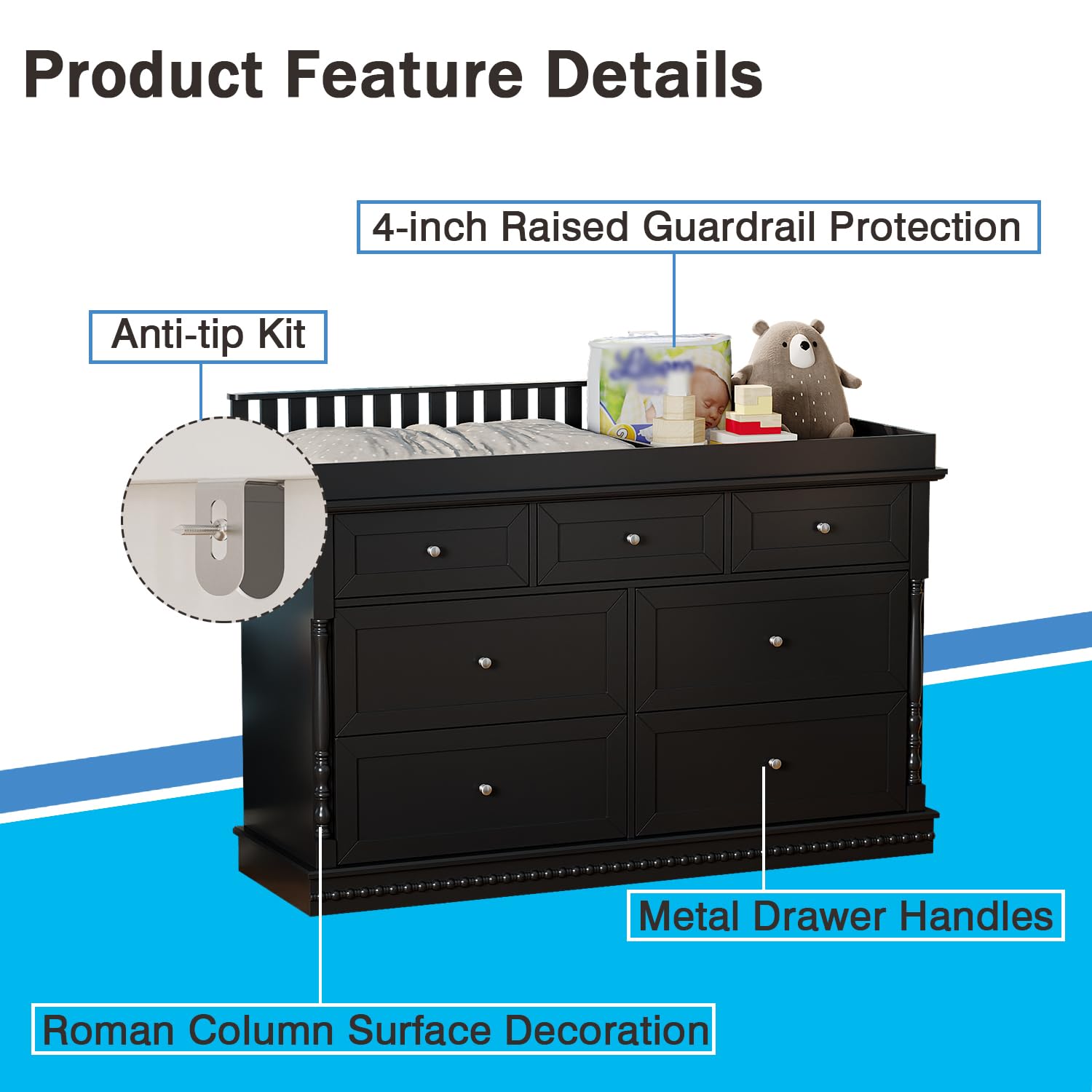 Baby Dresser with Changing Table Top - 7 Drawer Nursery Station
