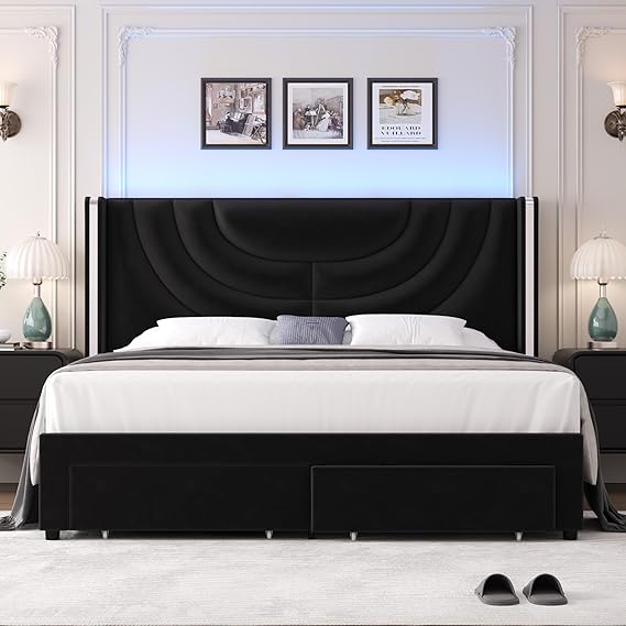 Full Upholstered LED Bed Frame with Storage Drawers