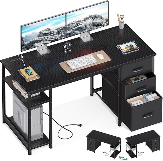 51 Inch Computer Desk with File Drawers and USB Power Outlets