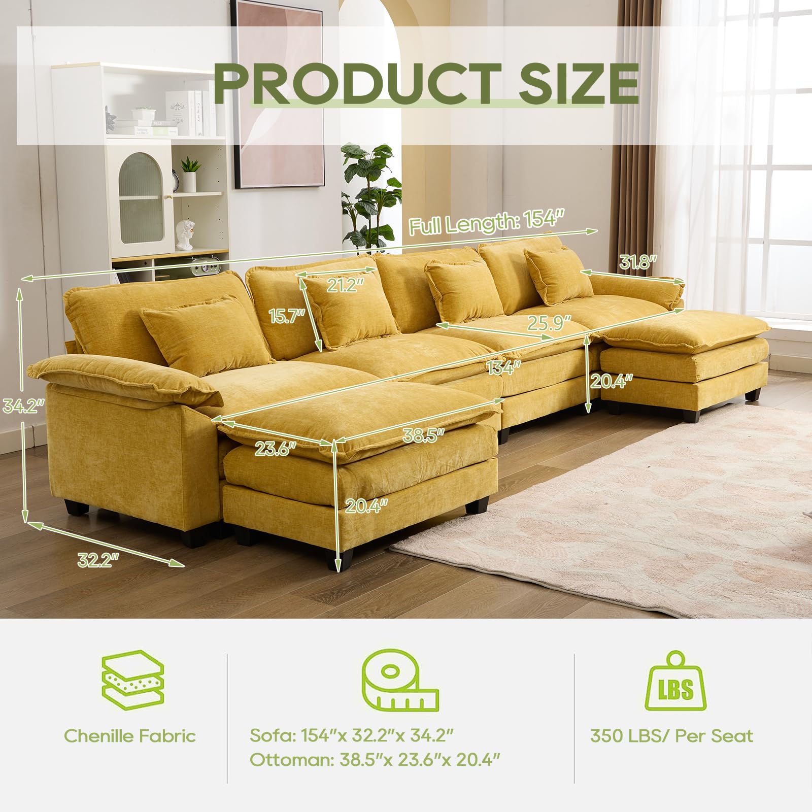 154" Modular Sectional Sofa Cloud Couch with Ottoman