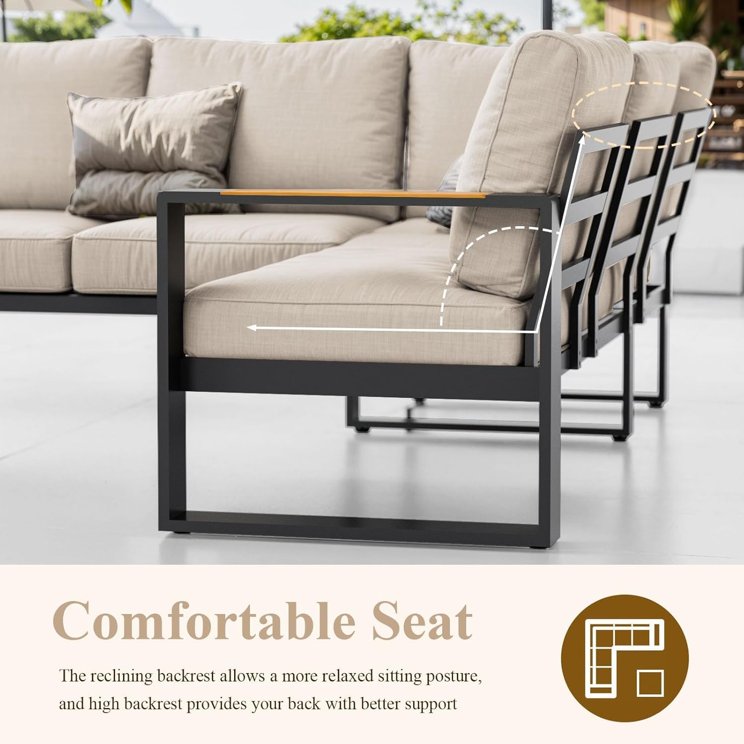 Aluminum Patio Furniture Set L-Shaped Sectional with Teak Coffee Table