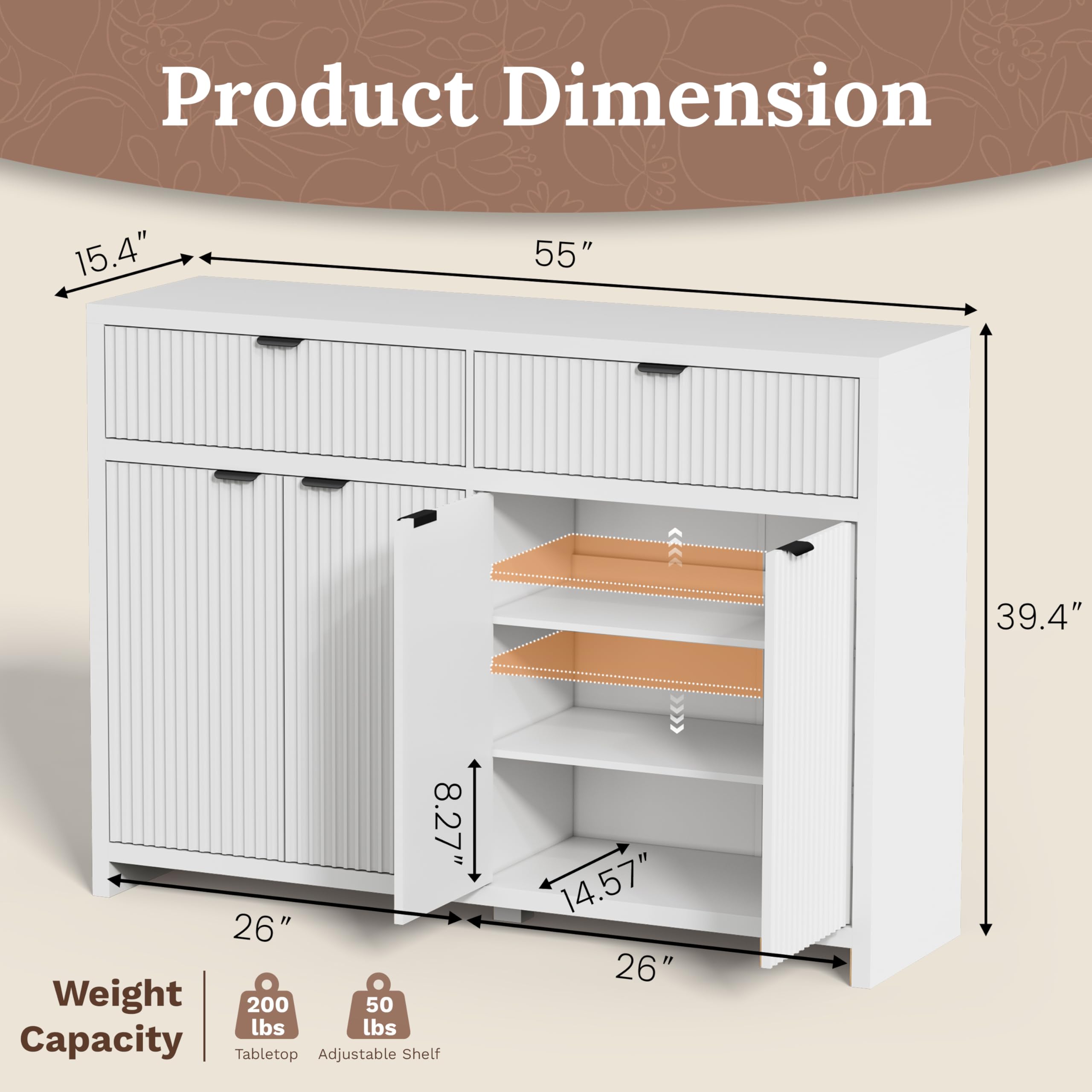 Fluted Sideboard Buffet Cabinet with Storage Drawers