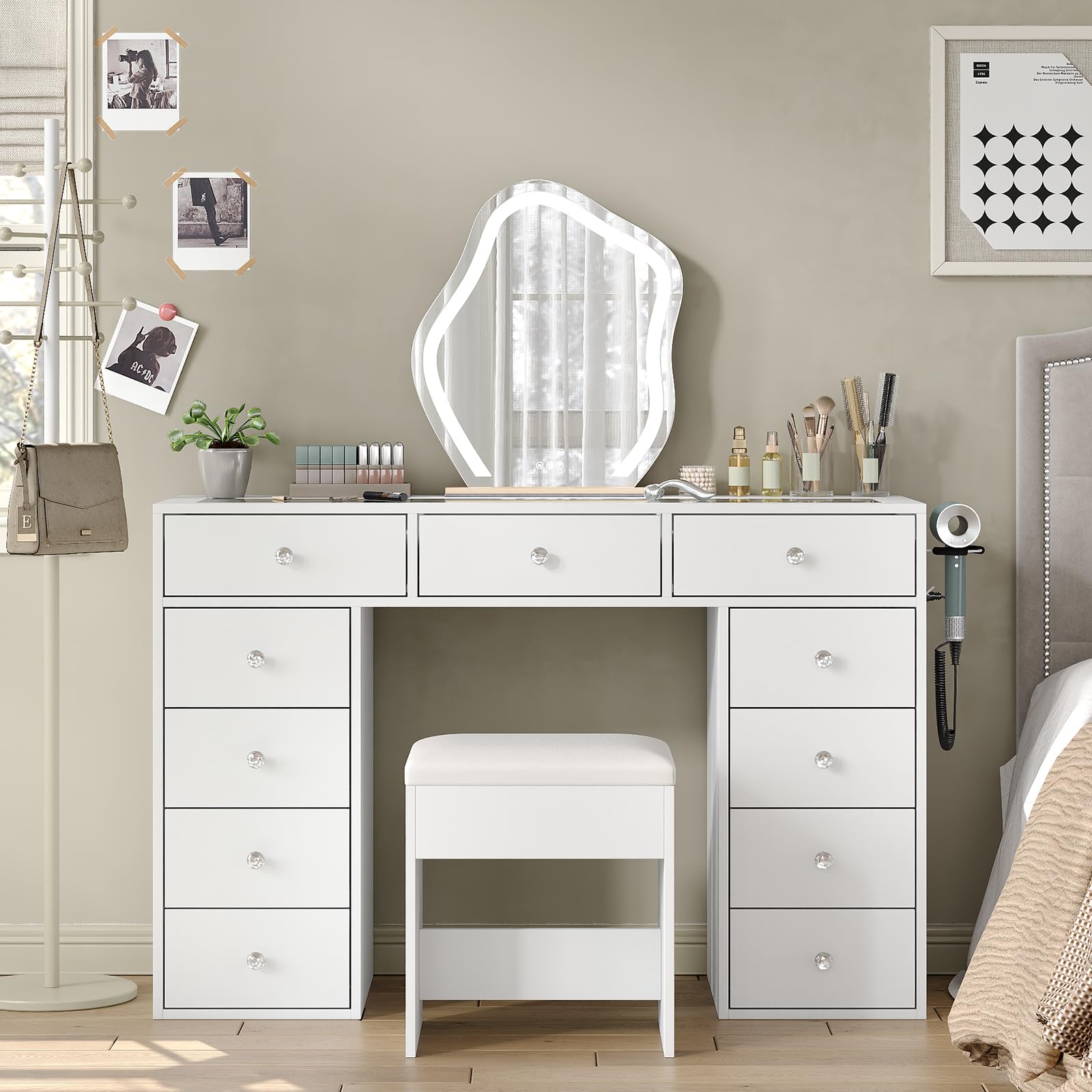 47" Glass Top Vanity Desk with 11 Drawers and Charging Station