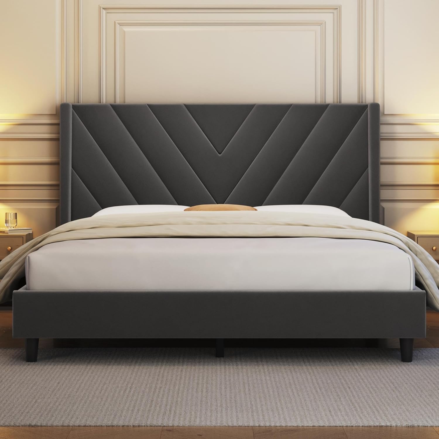 Queen Upholstered Platform Bed Frame with Tufted Wingback Headboard