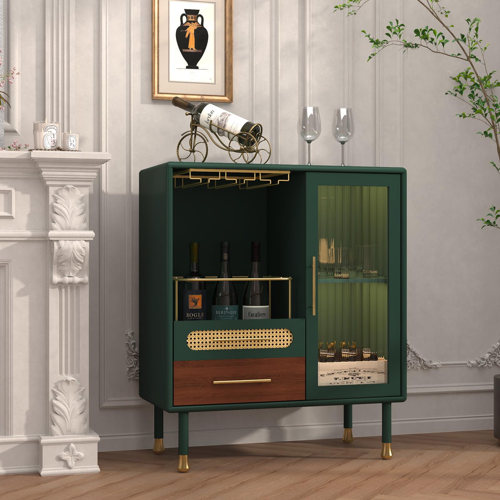 Modern Coffee Bar Cabinet with Wine Glass Rack and Drawers