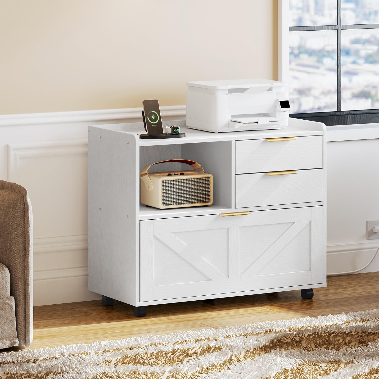 HOOBRO Lateral File Cabinet, Wooden Office Storage Drawers with Charging Station, Filing Cabinet for Home Office, A4/Letter/Legal-Sized Files, Printer Stand with Open Storage Spaces, White WT37UWJ01