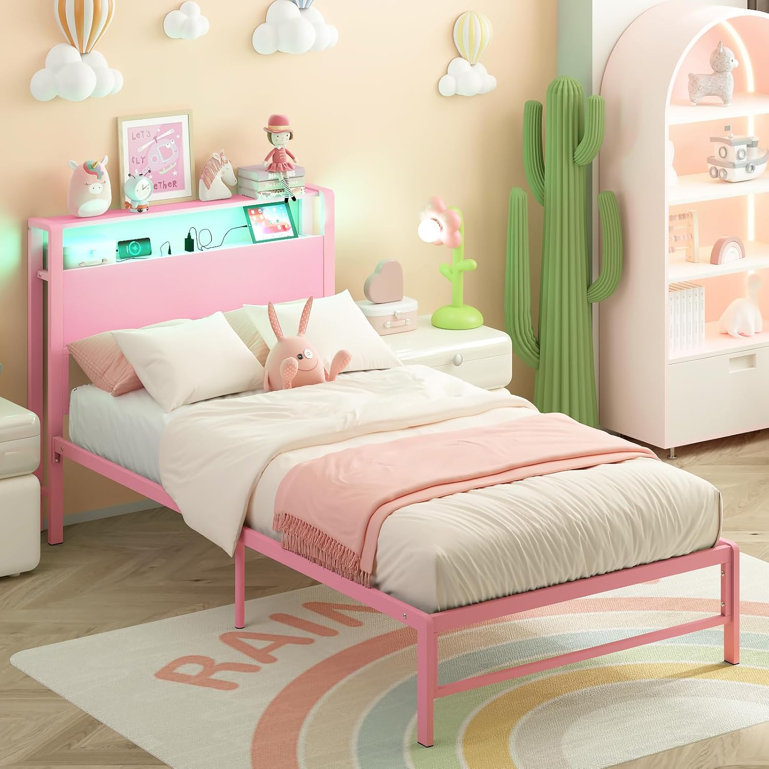 Twin Bed Frame with Storage Shelves and LED Lights