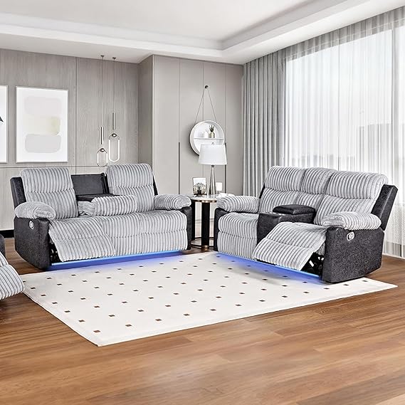 Reclining Sofa Sets, 3 Seater Reclining Couch and Loveseat with Coffee Table, Storage Console, Cup Holders, Corduroy Manual Oversized Recliner Chair with Soft Cushion for Living Room (Black,3PCS)