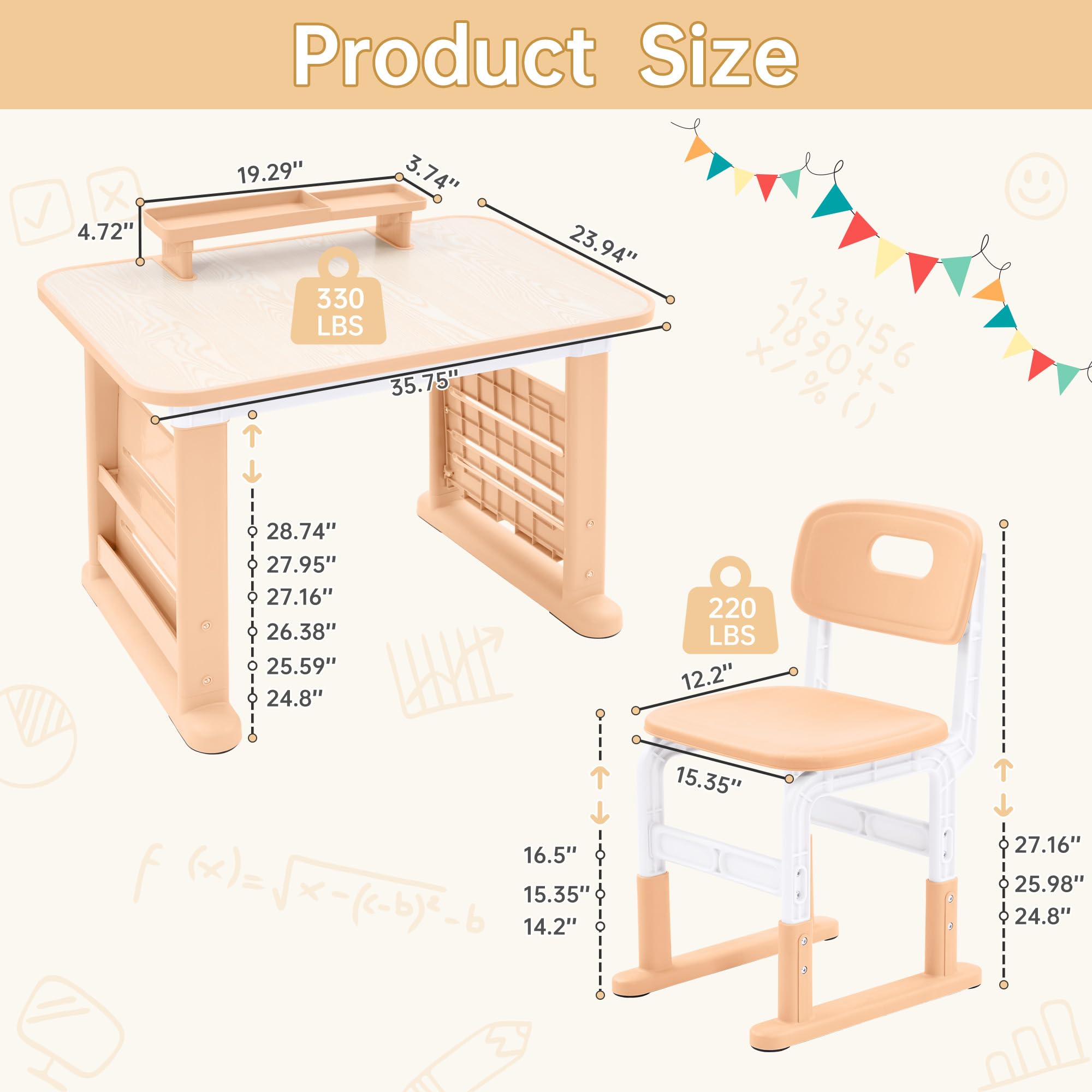 GITAWUSA Kids Desk and Chair Set, Height Adjustable Kids Table and Chairs, Study Table for 3-12 Years Boy and Girl, Student Writing Desk with Side Bookshelf and Storage for Bedroom/Study Room/School