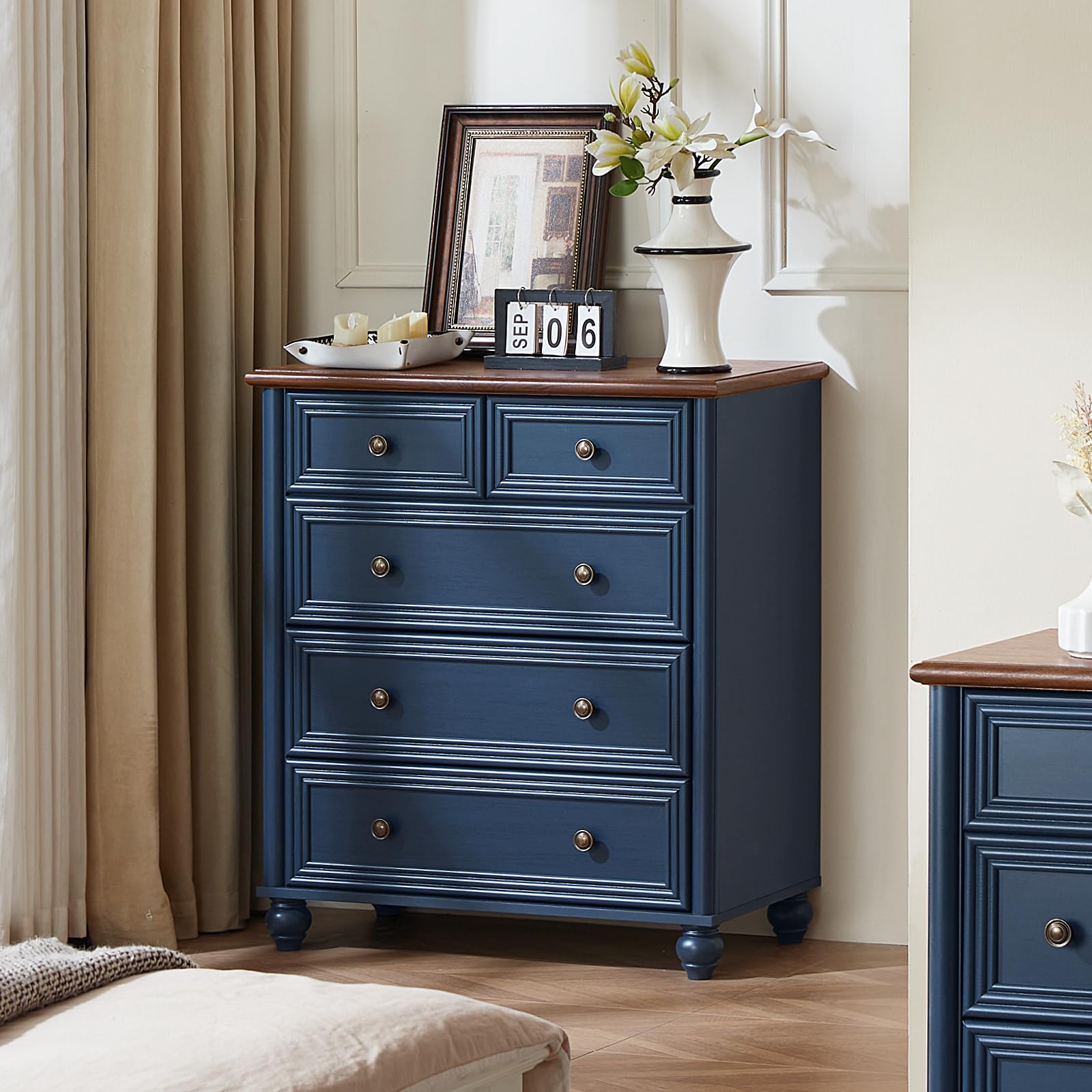 5 Drawer Dresser Navy Blue Farmhouse Style