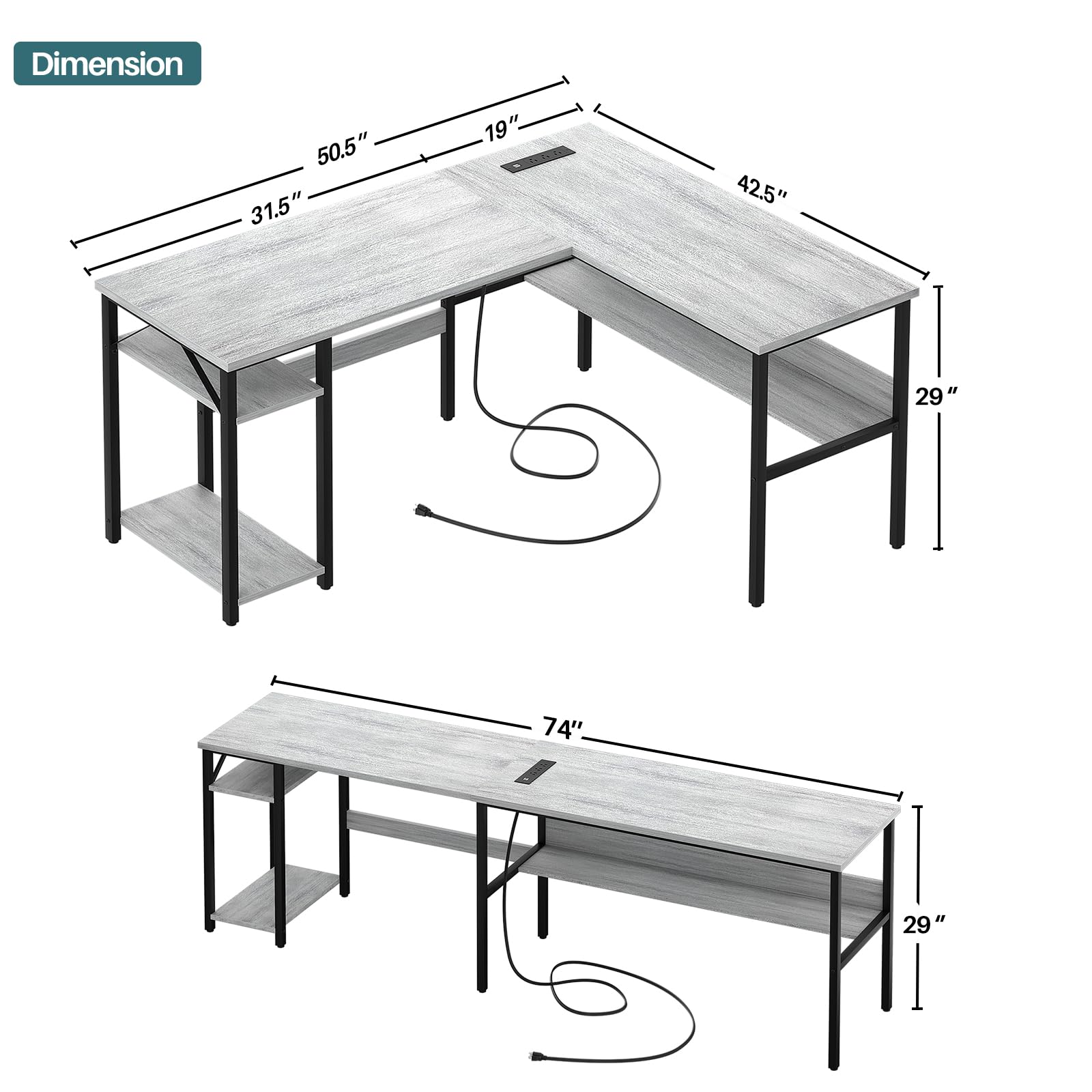 L-Shaped Computer Desk with Power Outlets and USB Ports