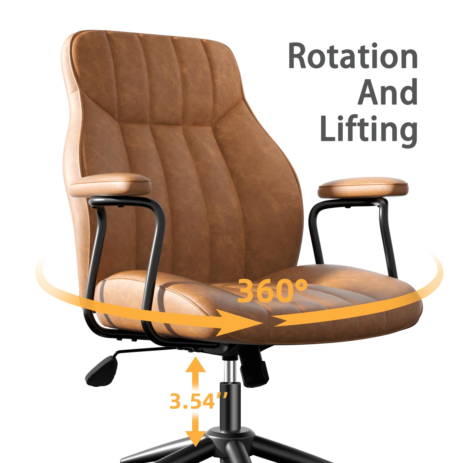 Brown Leather Office Chair - Height Adjustable with Wheels
