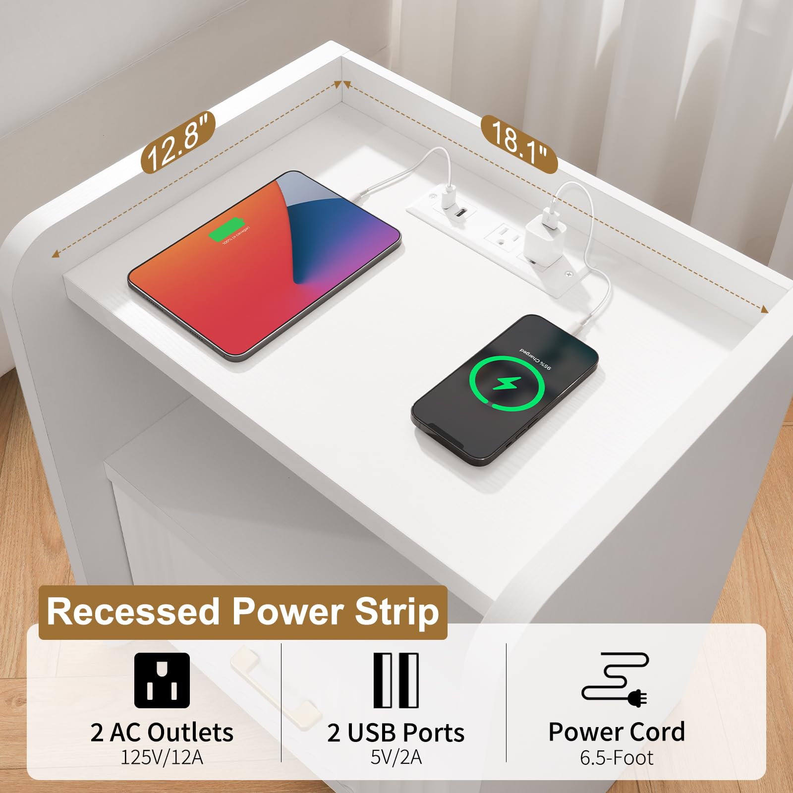 Night Stand with Charging Station and Drawer Storage