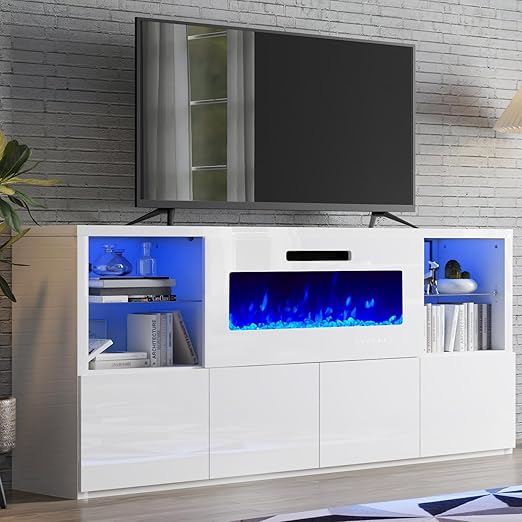 68" High Gloss Fireplace TV Stand with LED Lights
