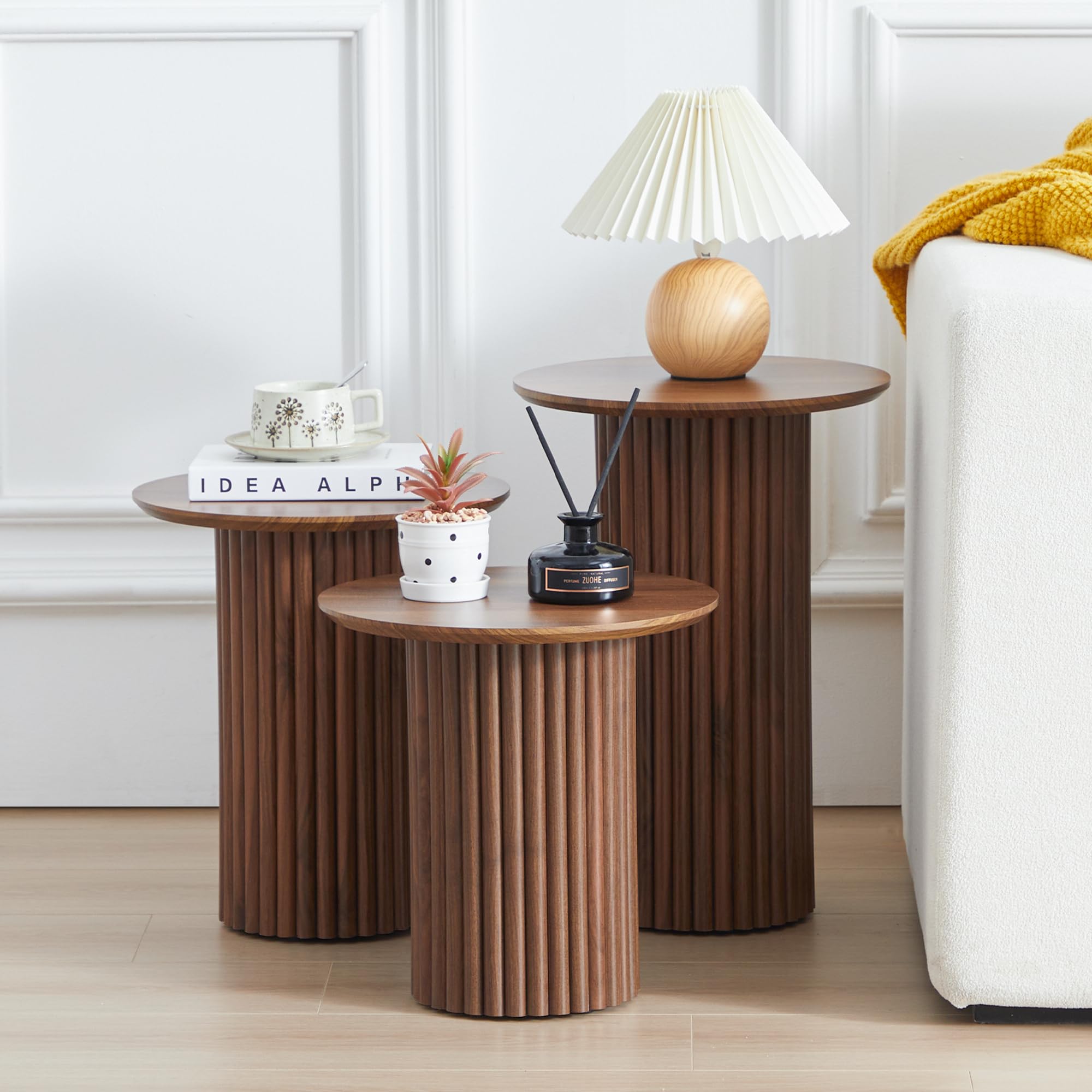 Round Nesting Coffee Table Set of 3 - Mid Century Modern Fluted End Tables