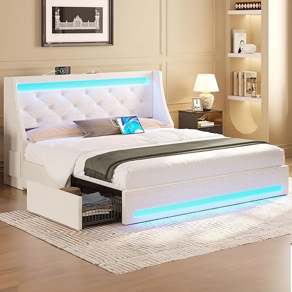 Full Bed Frame with LED Lights and Charging Station