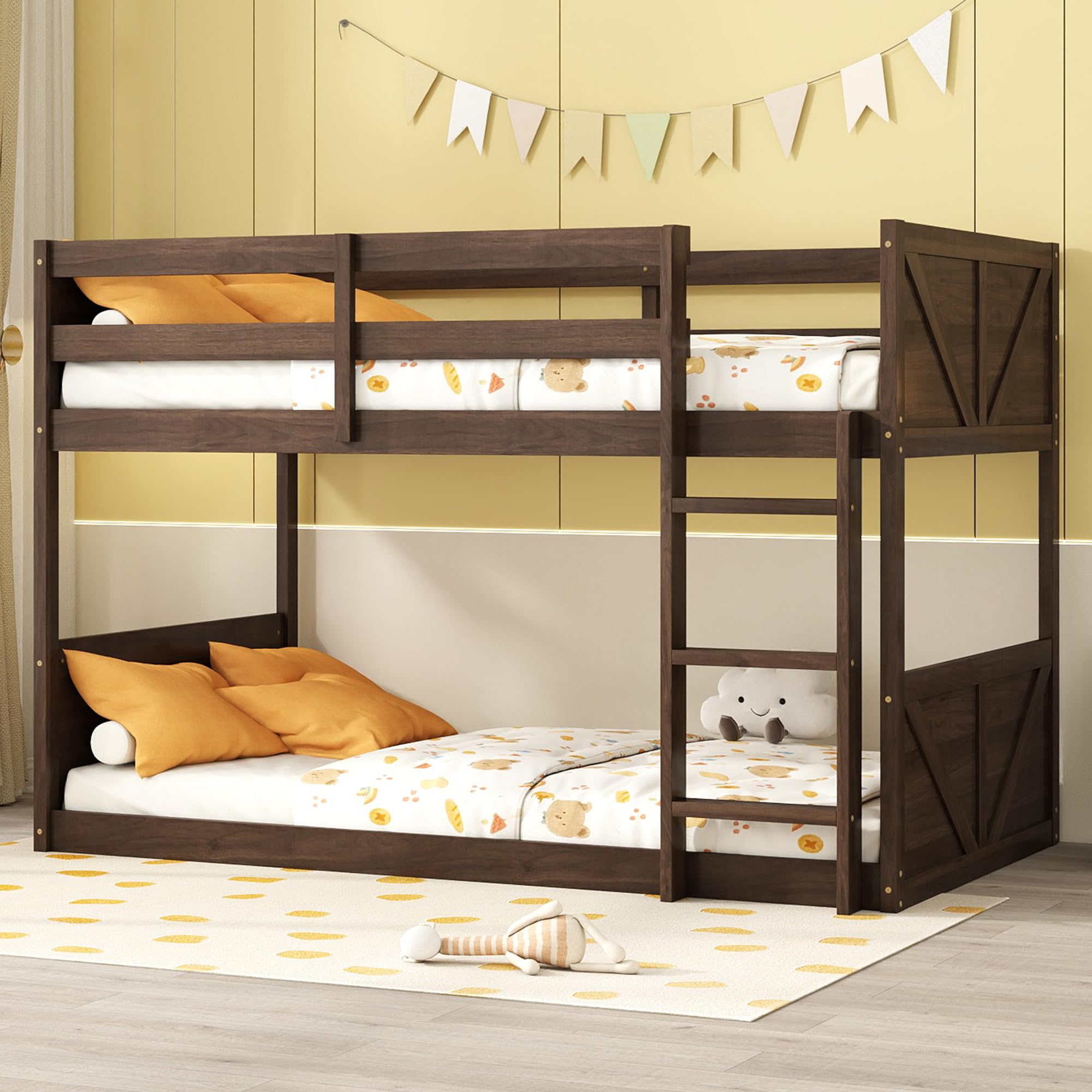 Twin Over Twin Bunk Bed with Panelled Headboard - Antique Oak