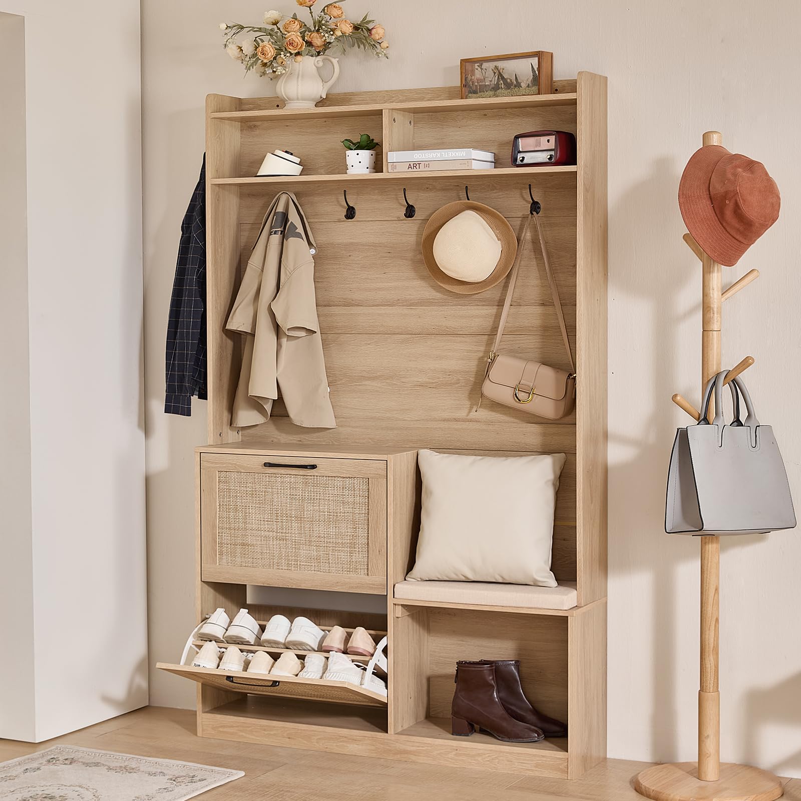 4-in-1 Hall Tree with Bench and Shoe Storage