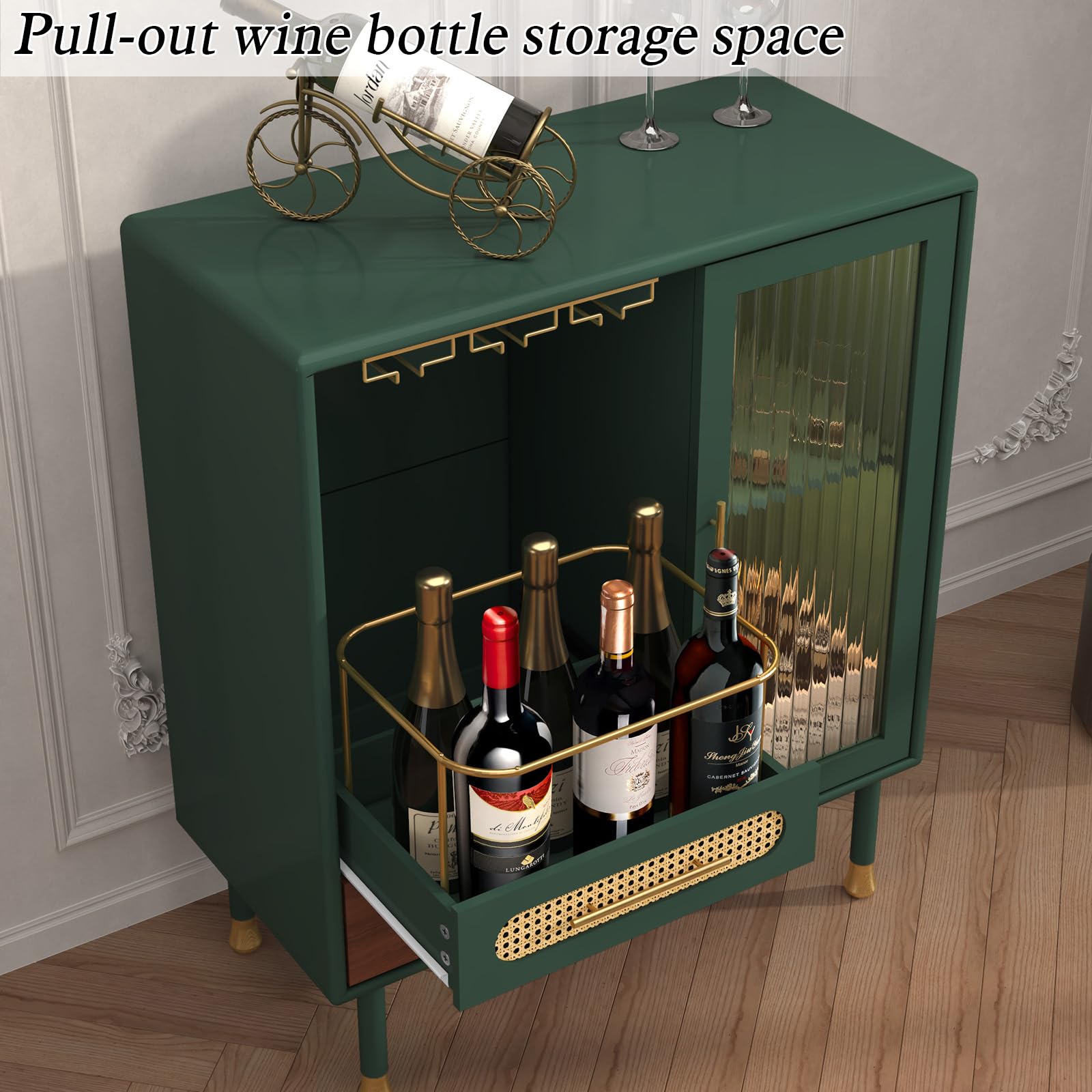 Modern Coffee Bar Cabinet with Wine Glass Rack and Drawers