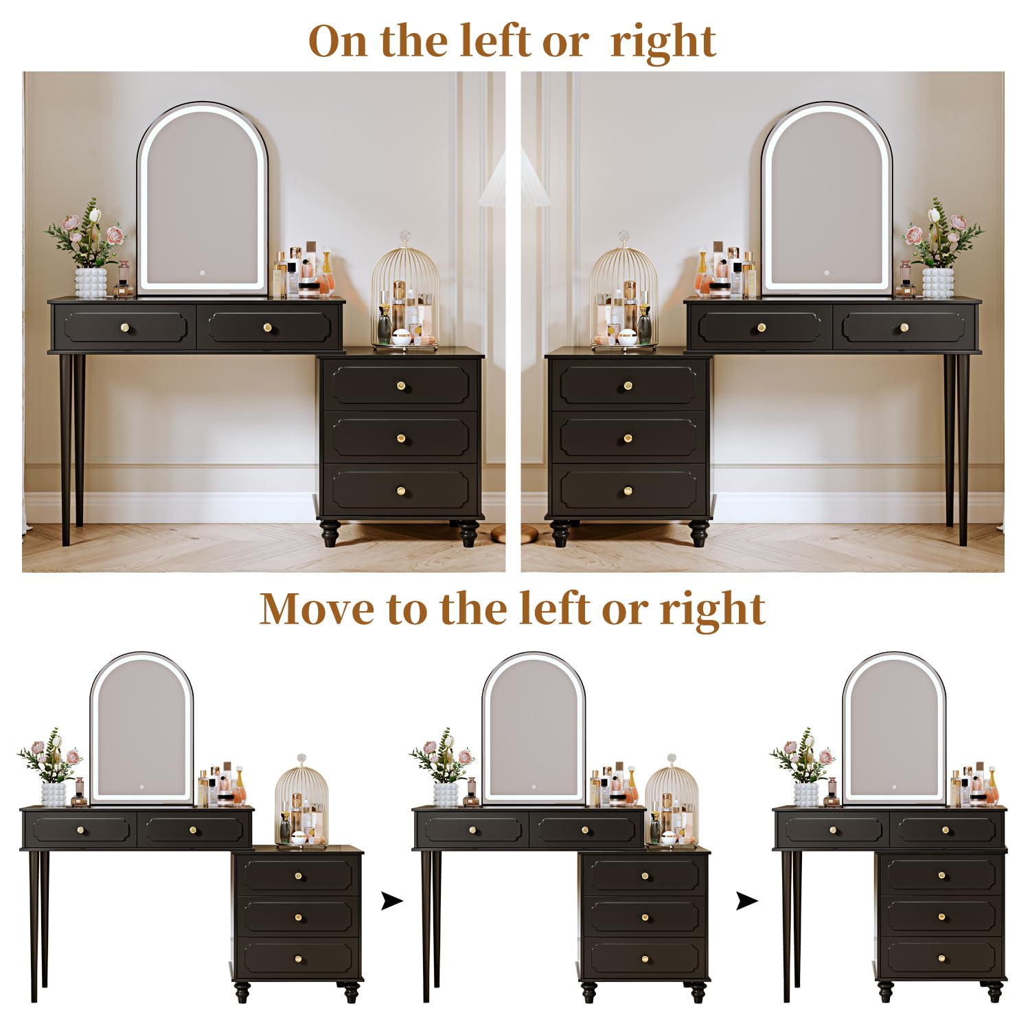 Black Vanity Desk with Mirror and Lights