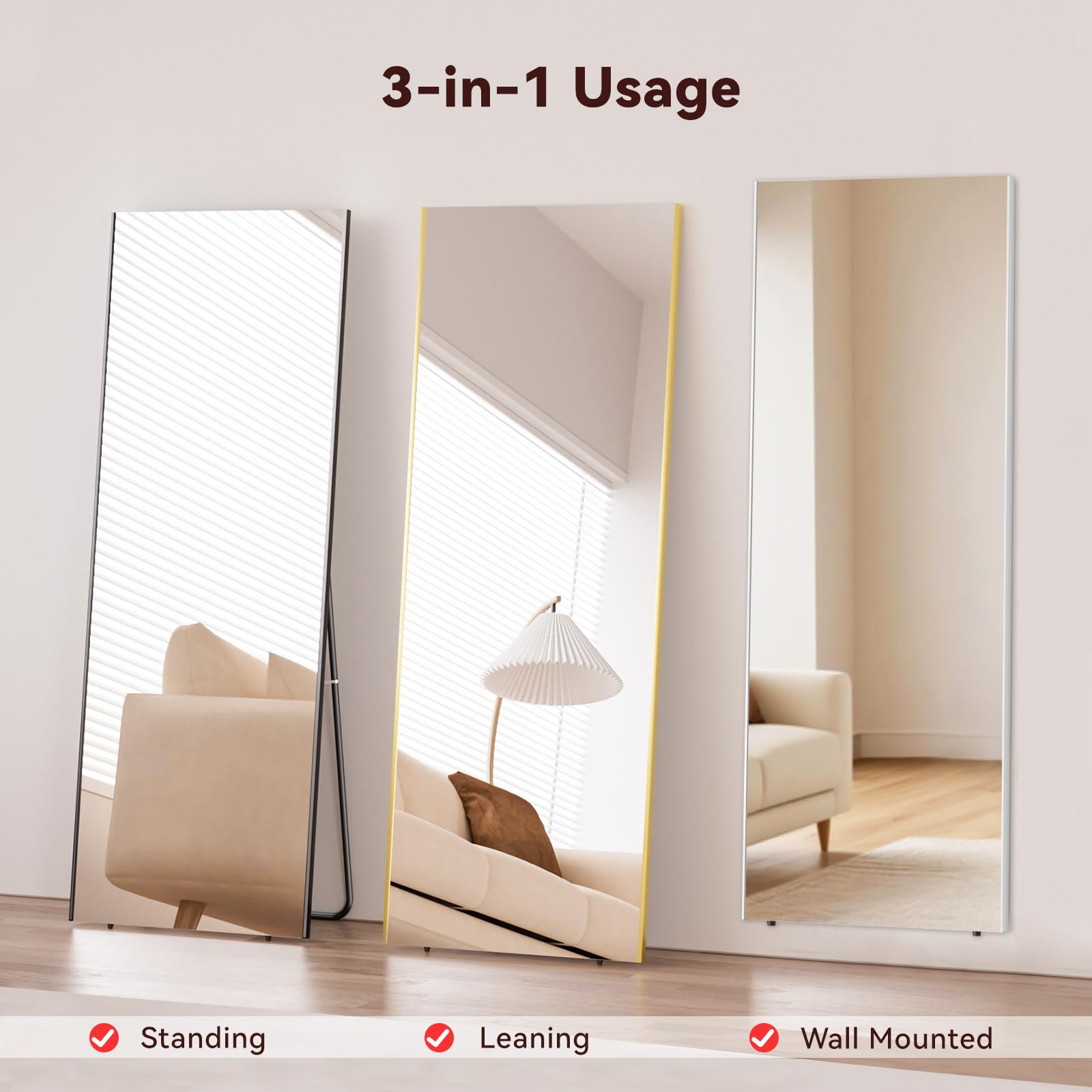 76x34 Full Length Mirror with Stand - Shatterproof Glassless Floor Mirror