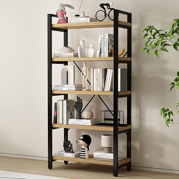 5 Tier Bookcase Solid Wood Rustic Industrial Etagere