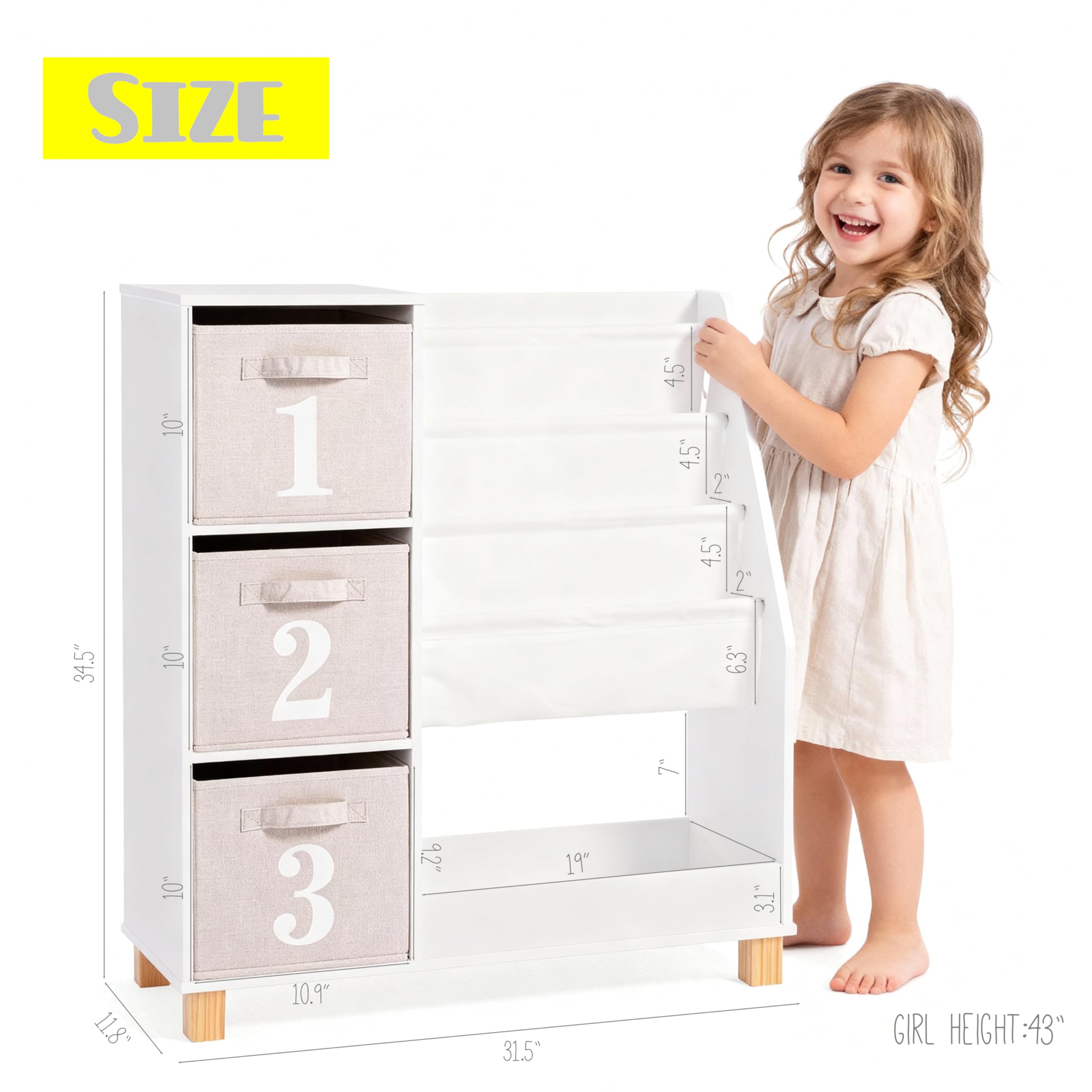 Kids Bookshelf with Storage Bins - 3-Tier Montessori Book Display
