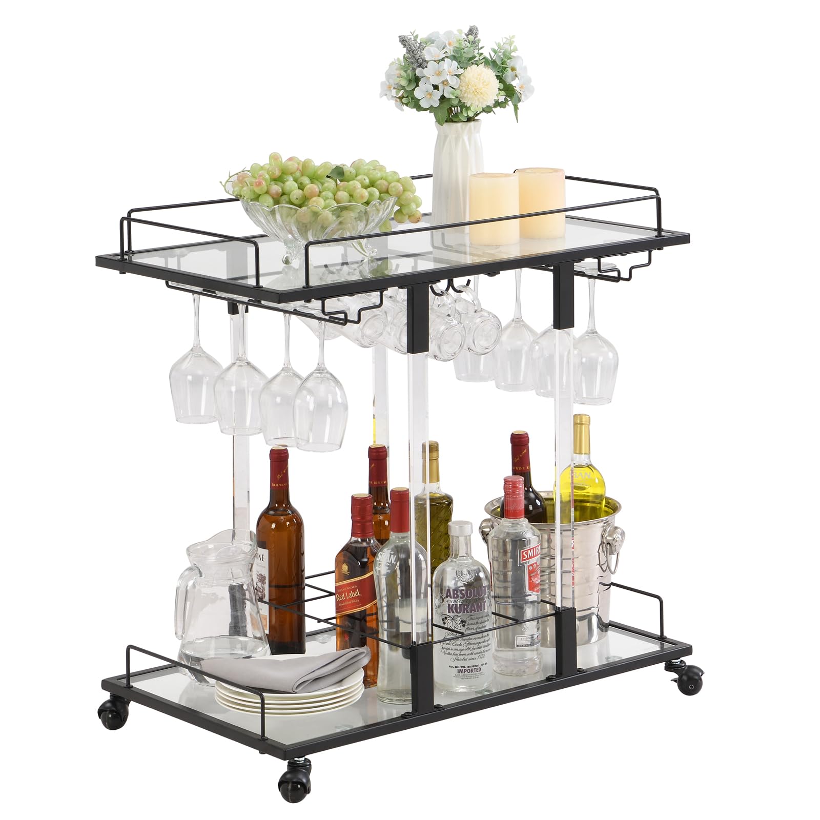 2-Tier Acrylic Rolling Bar Cart with Wine Rack